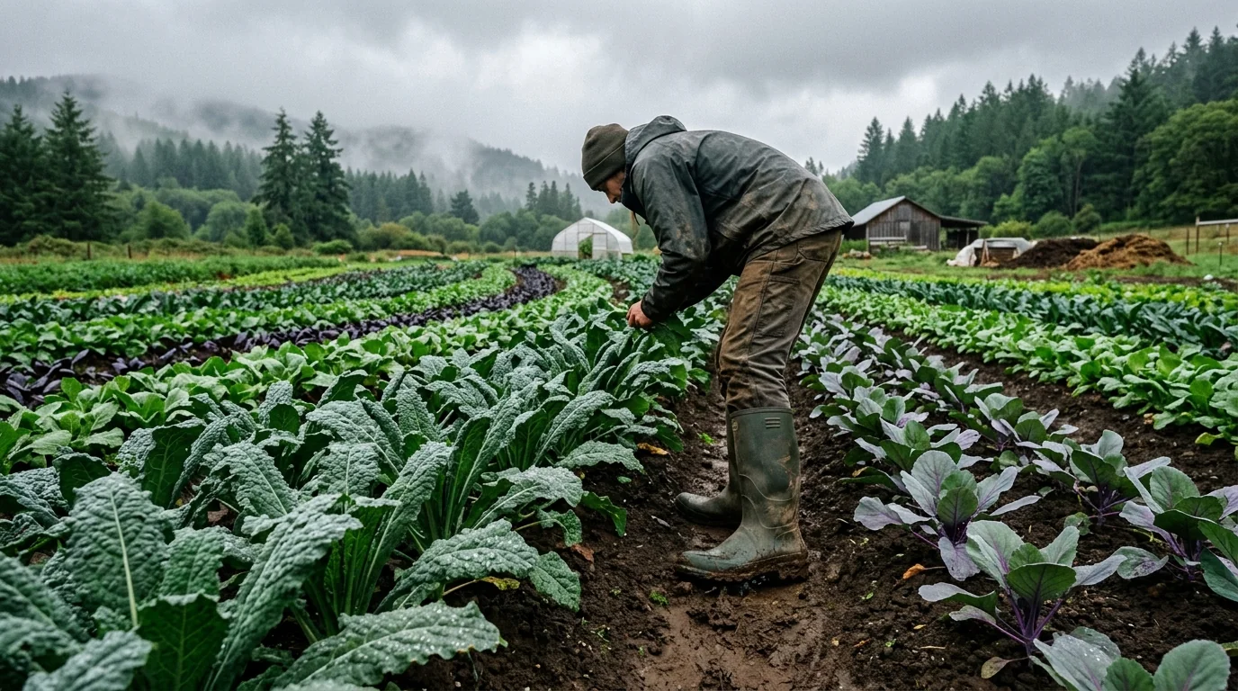 Lush Pacific Northwest organic farm rows of dew-covered lacinato kale and cold-hardy brassicas from Adaptive Seeds