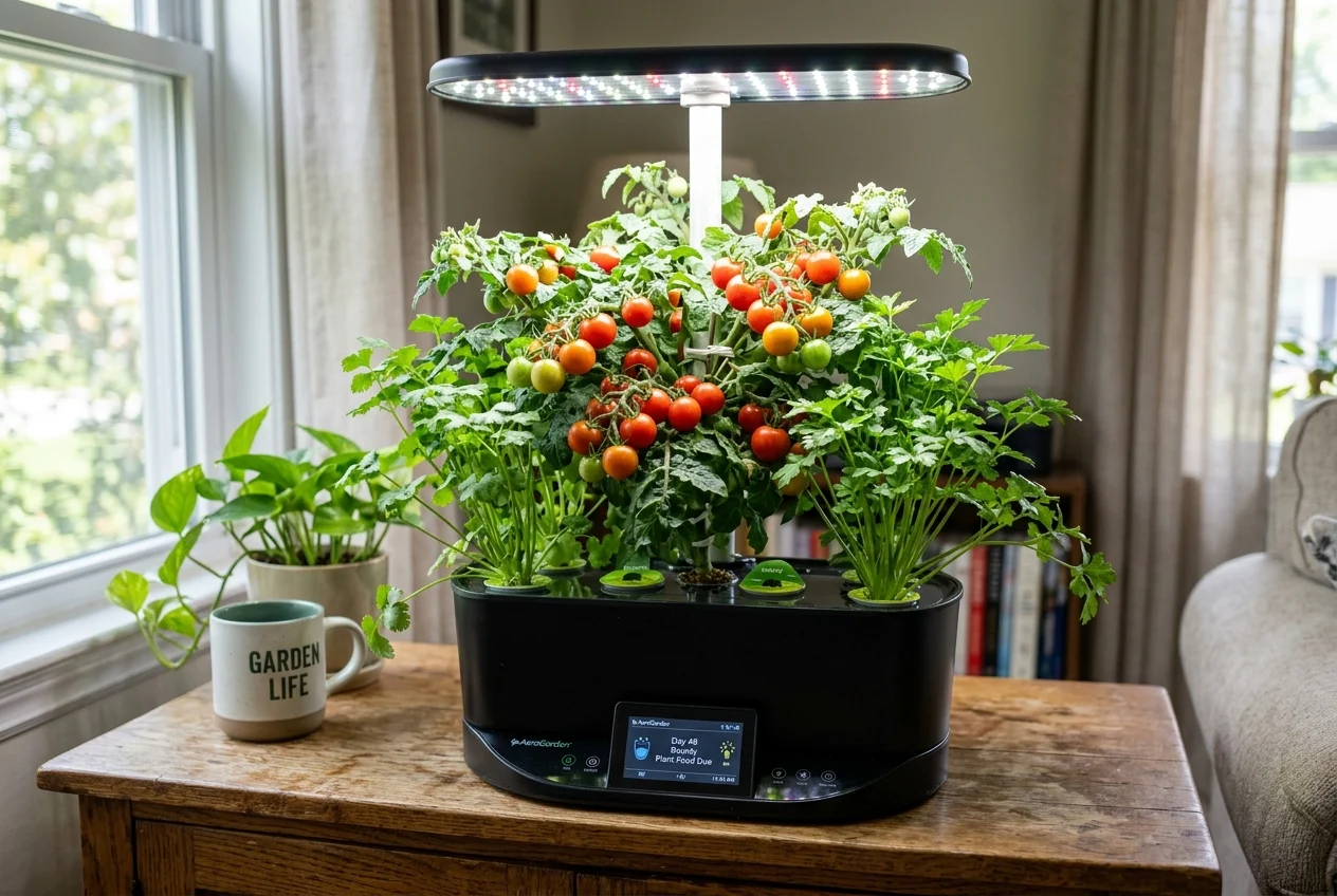 AeroGarden Bounty countertop hydroponic garden growing fruiting dwarf cherry tomatoes under 40W adjustable LED hood
