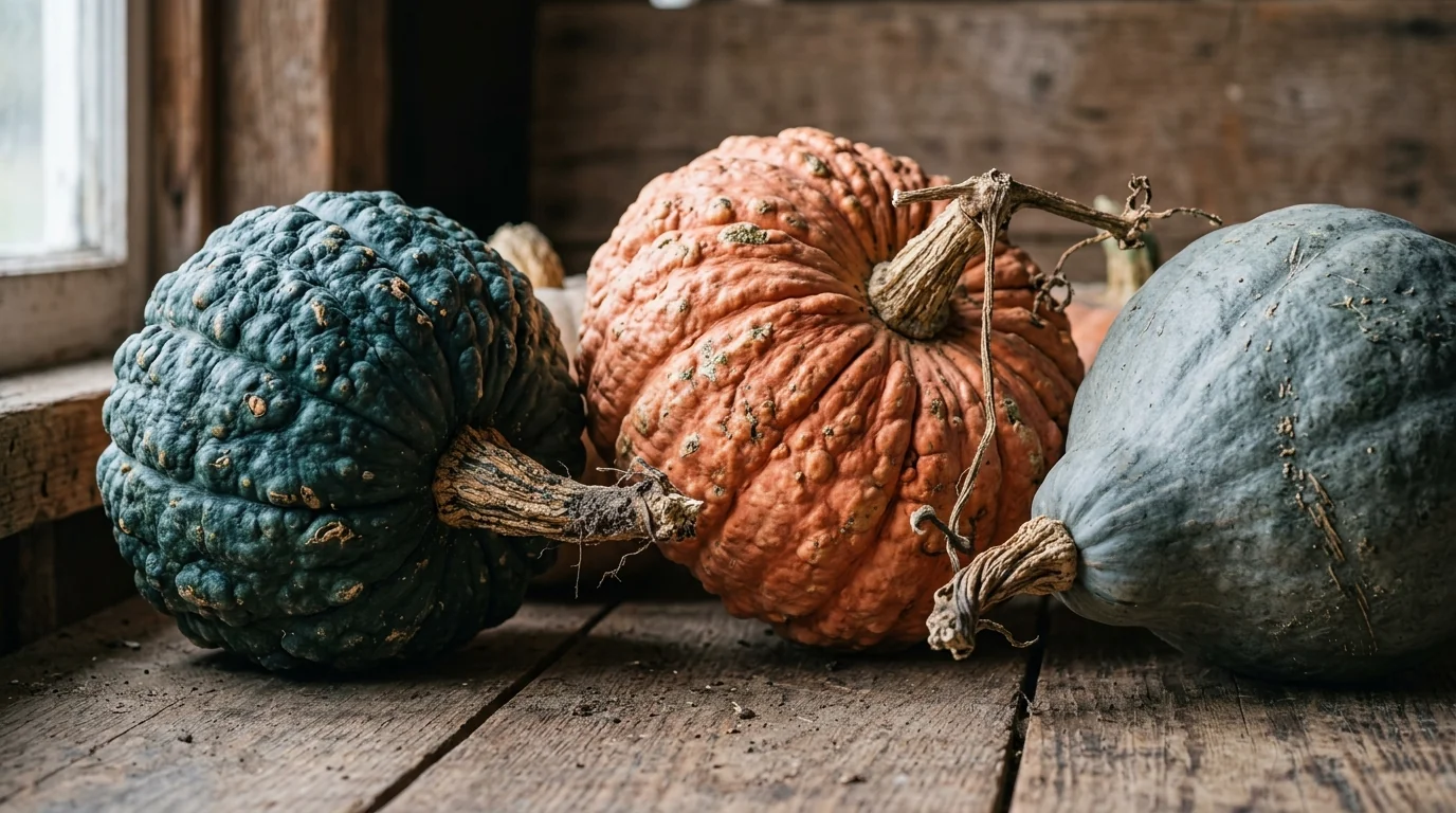 Heirloom winter squashes in deep teal, salmon orange, and slate grey from Baker Creek Heirloom Seeds