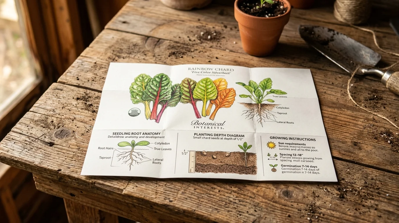 Unfolded Botanical Interests seed packet showing botanical watercolor illustrations, planting depth chart, and root anatomy