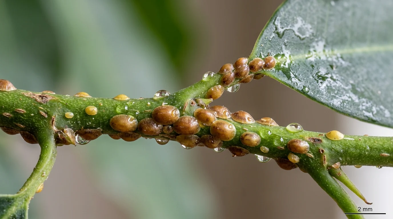 Macro view of brown soft scale Coccus hesperidum waxy oval discs firmly attached to plant branch with honeydew droplets