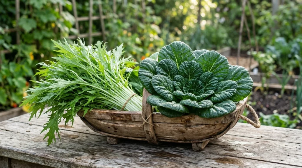 Freshly harvested feathery green Mizuna and crinkled dark-green Chijimisai rosette in a wooden harvest trug
