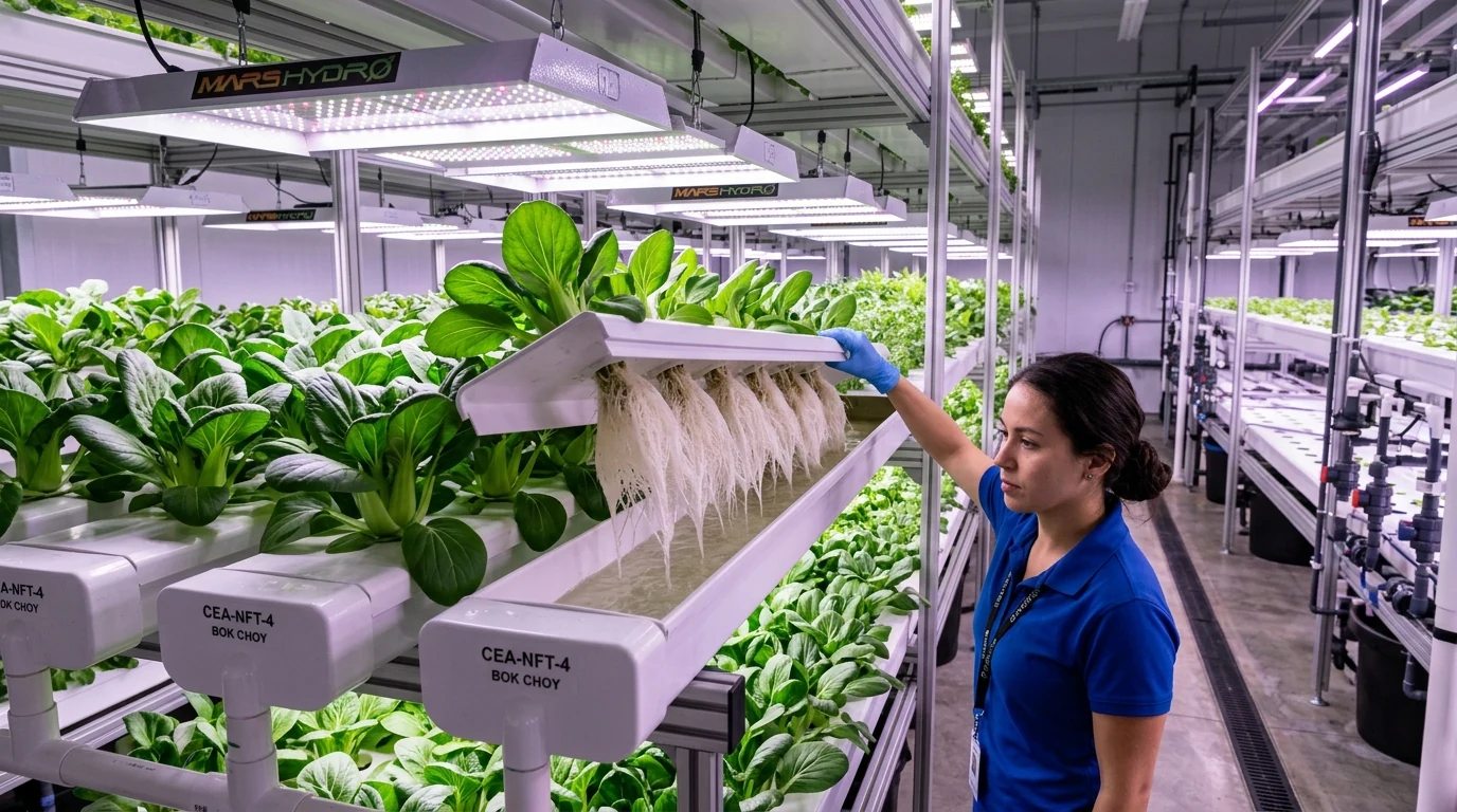 Commercial NFT hydroponic channels showing healthy white roots of Asian greens under LED grow lights in CEA facility