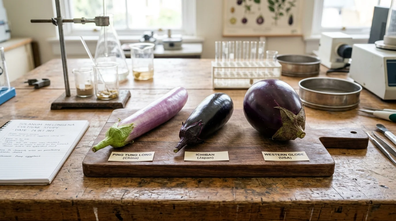 Side-by-side comparison on workbench of Chinese Ping Tung Long with green calyx, Japanese Ichiban with purple calyx, and Western Globe eggplant