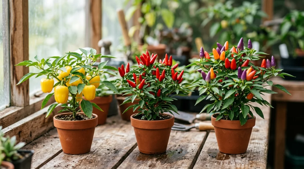 Botanical comparison of three compact indoor pepper varieties Mohawk yellow bell Apache red chili and Numex Twilight in pots