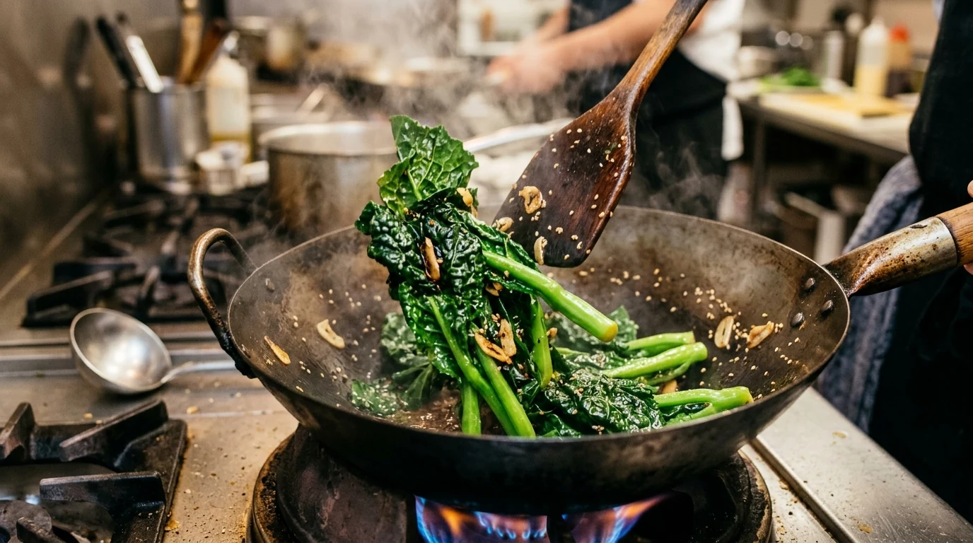 Dark green Chijimisai leaves and succulent stems being stir-fried with sesame oil and garlic in a seasoned wok
