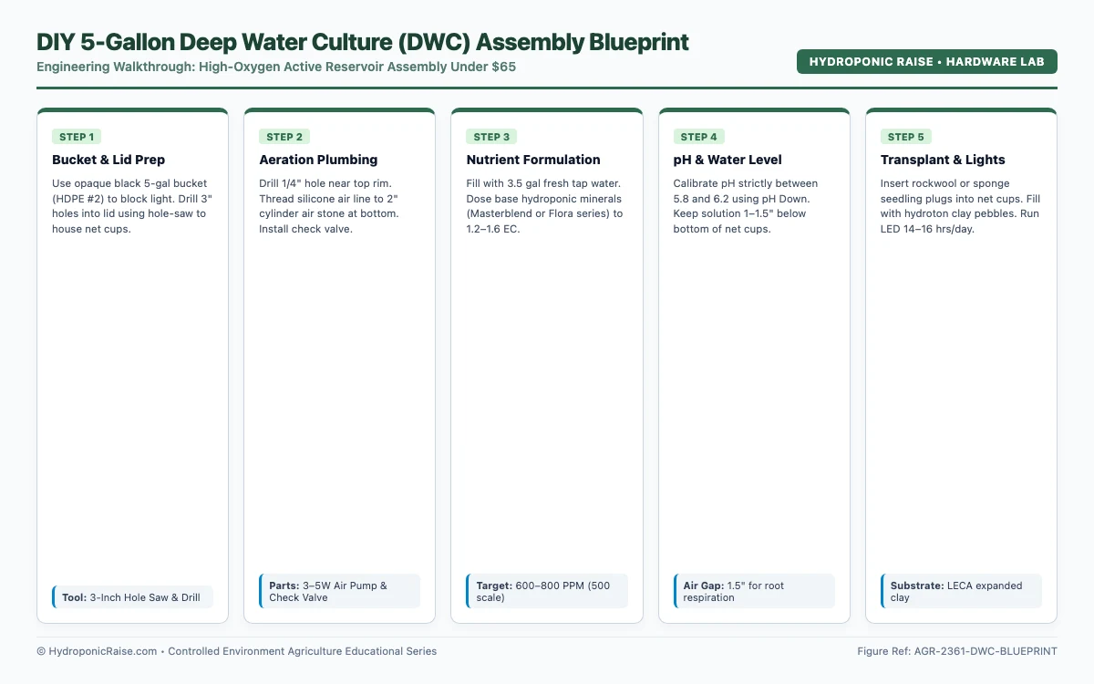 Step-by-step engineering blueprint for building a 5-gallon Deep Water Culture hydroponic bucket