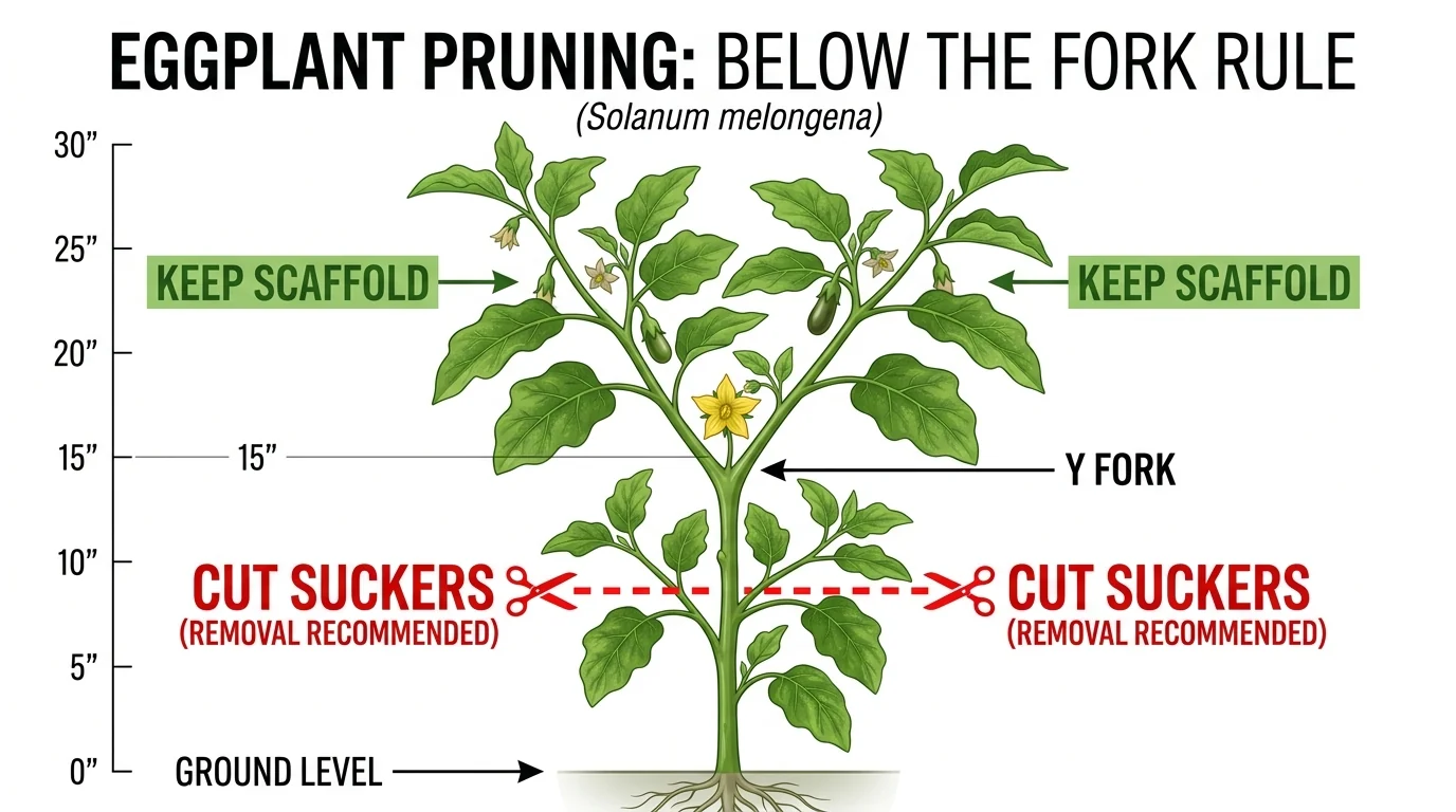 Botanical pruning diagram illustrating the eggplant Y-fork architecture showing lower suckers marked for removal and upper scaffold branches preserved