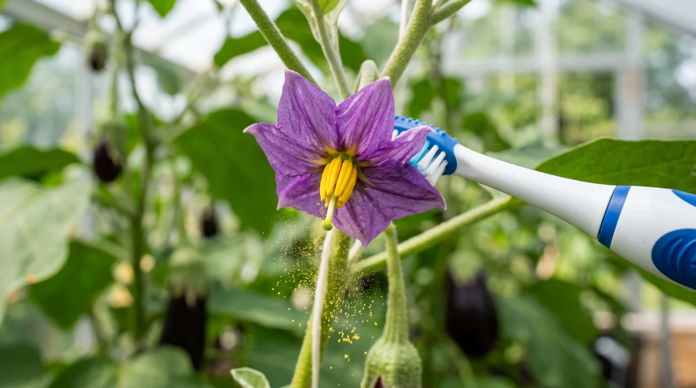 Macro demonstration of using an electric toothbrush head against an eggplant flower stem to release pollen for high fruit set
