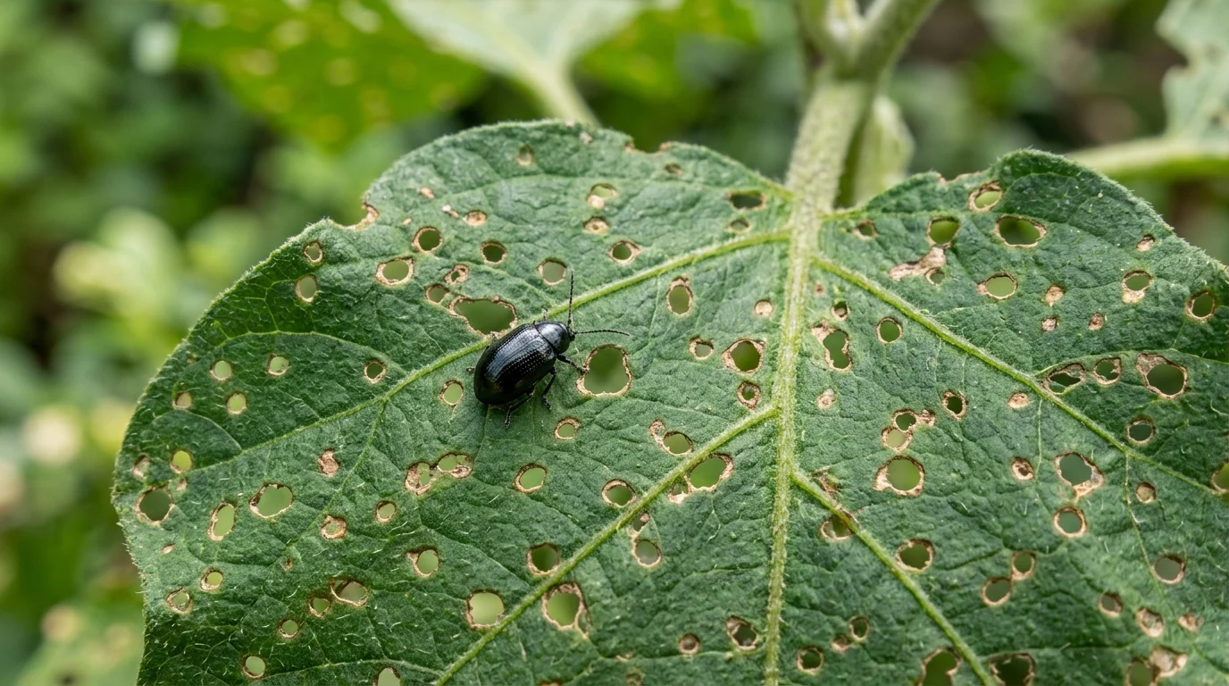 Macro pathology photo of eggplant leaf showing severe flea beetle shot-hole damage with small black flea beetle visible on foliage