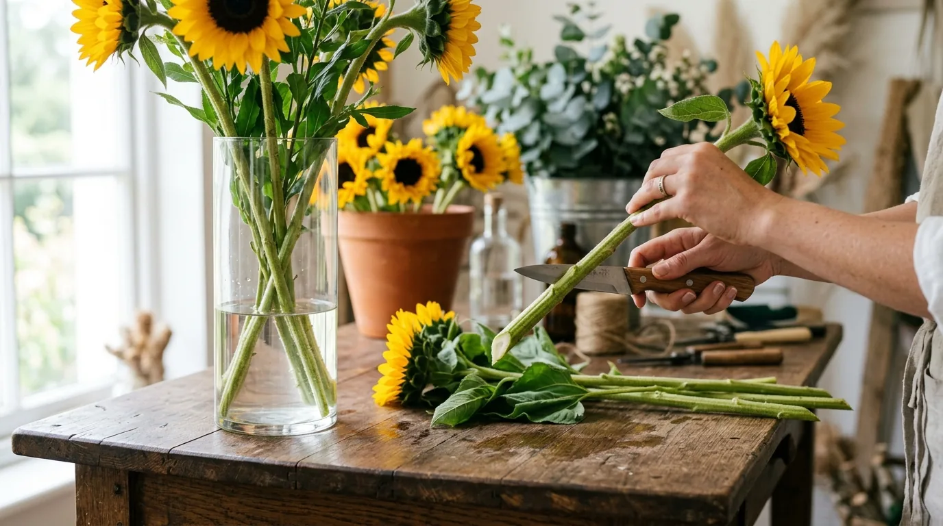 Florist demonstrating 45 degree angle stem cut and leaf stripping on cut sunflowers to maximize vase water uptake