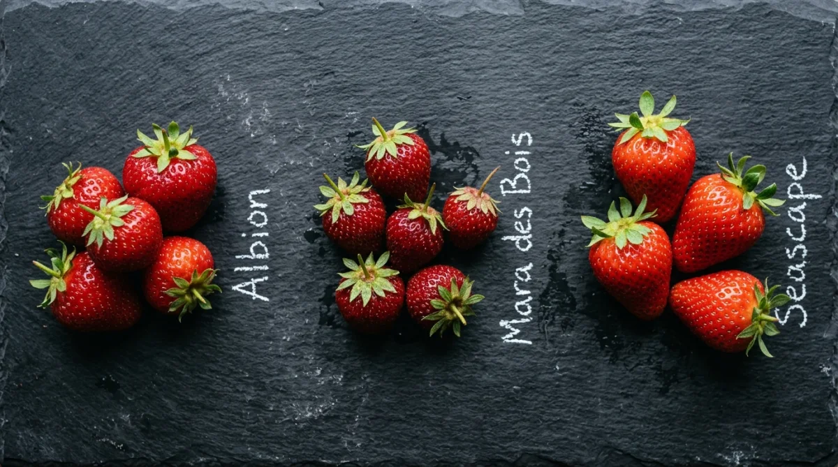 Macro flat-lay photograph of freshly harvested hydroponic strawberries showing conical shape, glossy red skin, and sliced interior flesh