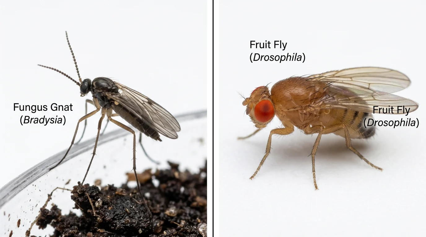 Do indoor plants attract bugs comparison showing fungus gnats on houseplant soil versus fruit flies