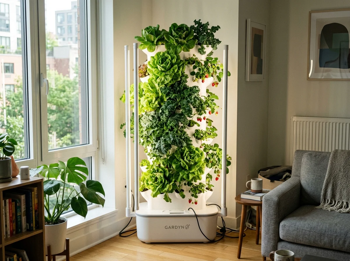 Gardyn Home 3.0 vertical hydroponic tower with 30 plant slots and dual 60W LED light bars growing butterhead lettuce and greens