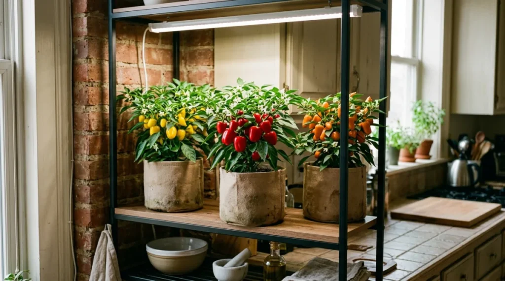 Growing peppers indoors on a compact apartment kitchen shelving rack laden with ripe colorful mini peppers under LED grow lights