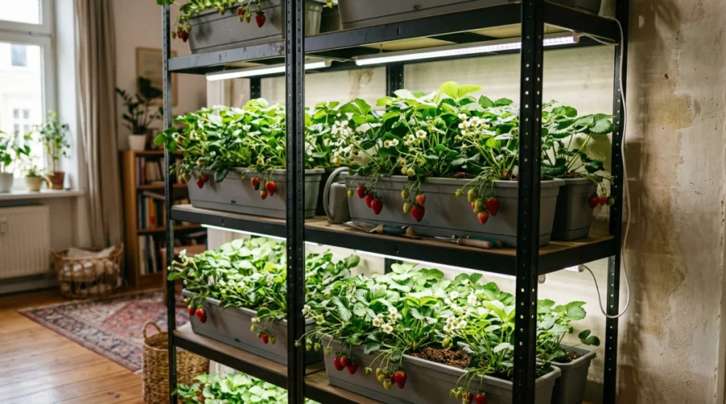 Four tier indoor shelving rack with lush fruiting strawberry plants under full spectrum LED grow lights