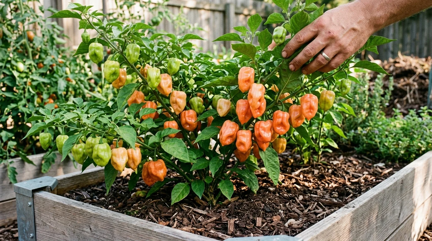 Mature Habanada heatless habanero pepper bush setting dozens of salmon-orange wrinkled pods