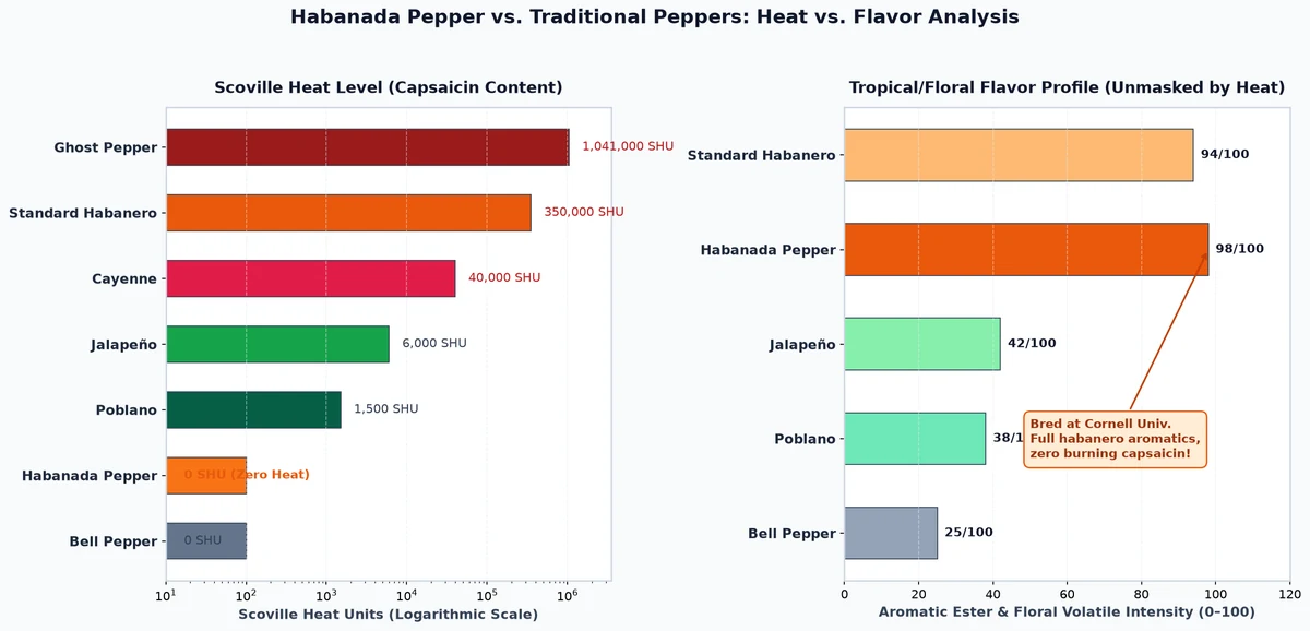 Comparison chart showing habanada pepper 0 SHU vs habanero and ghost pepper with floral flavor intensity