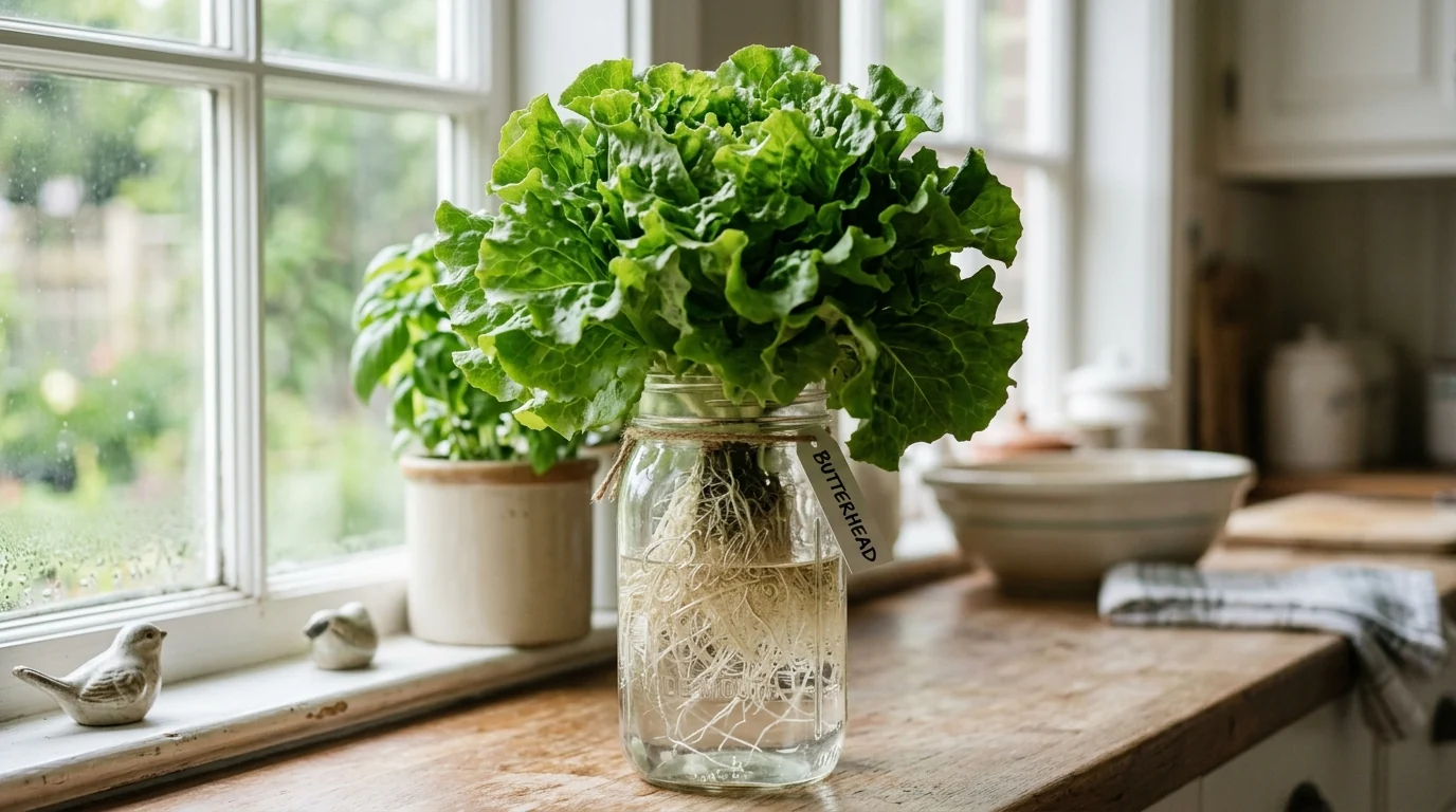 A pristine harvest-ready head of butterhead lettuce bursting from a 32 oz mason jar hydroponics system with healthy root zone visible
