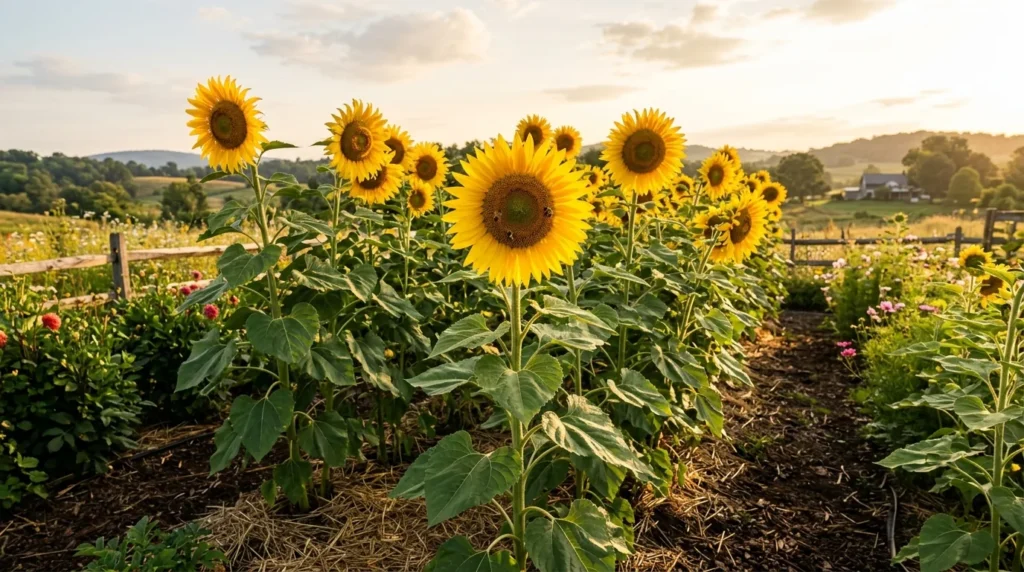 Mammoth sunflowers growing in fertile garden soil under morning sunlight