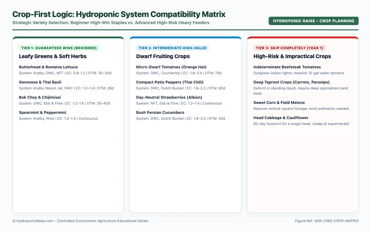 Matrix matching indoor hydroponic crops to ideal system architectures and skill tiers
