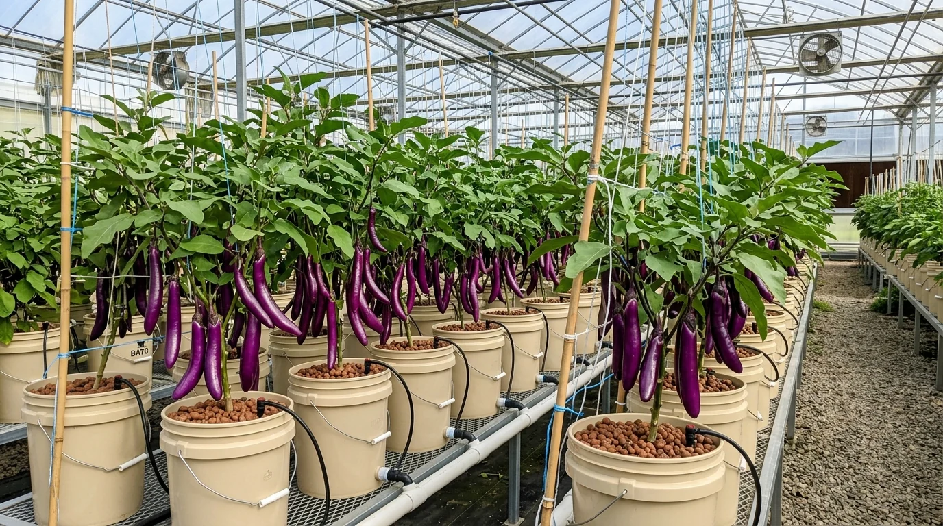 Greenhouse setup of Chinese eggplant growing in hydroponic Dutch Bato buckets filled with expanded clay pebbles and drip irrigation lines