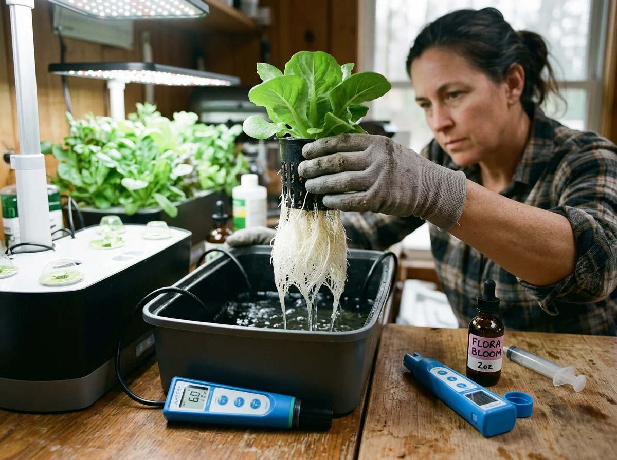 Indoor hydroponic reservoir maintenance, EC testing, and root inspection