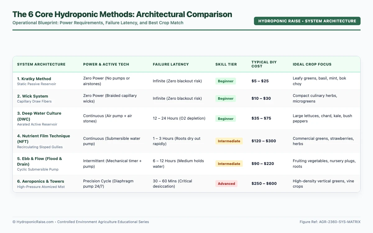 Architectural comparison chart of the six core hydroponic methods detailing power requirements, failure latency, and cost