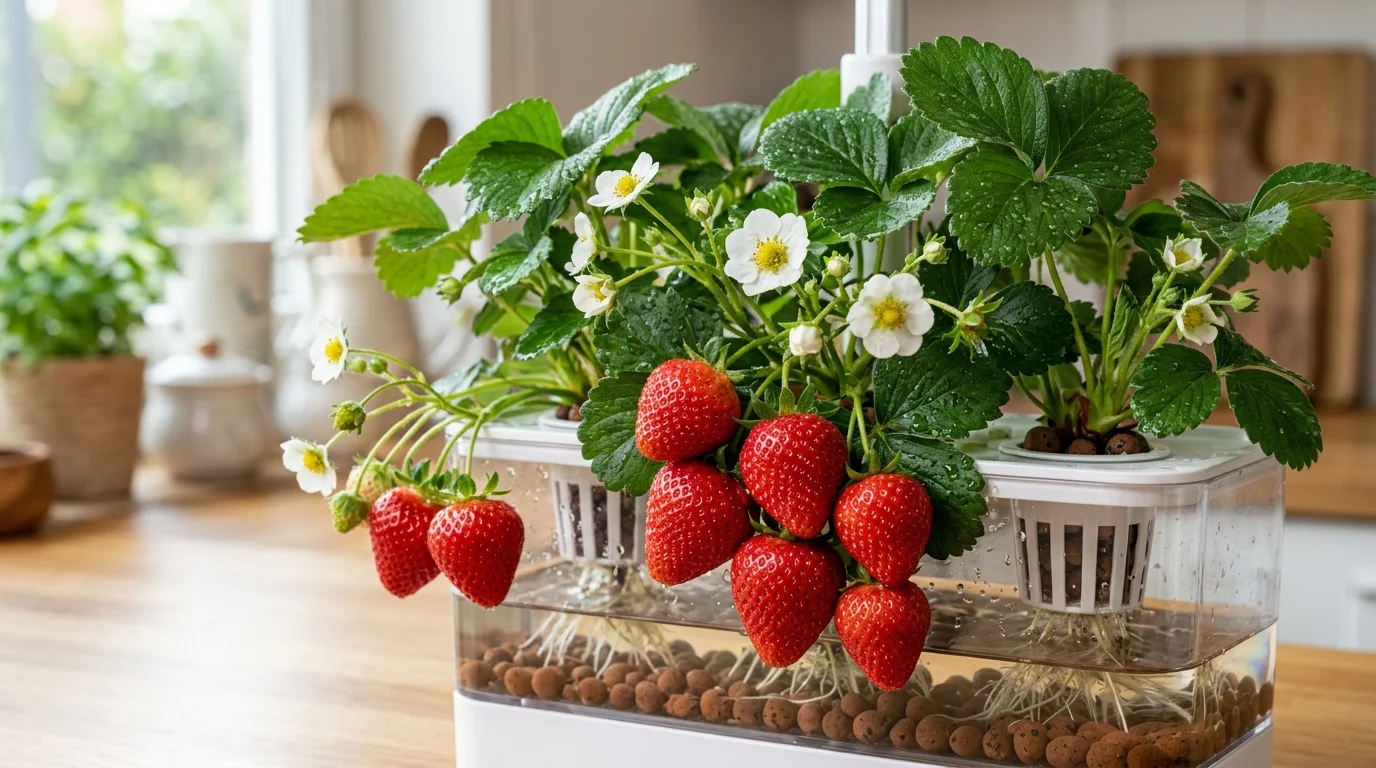 Day-neutral Albion strawberries fruiting in an indoor desktop hydroponic system with visible roots and blossoms