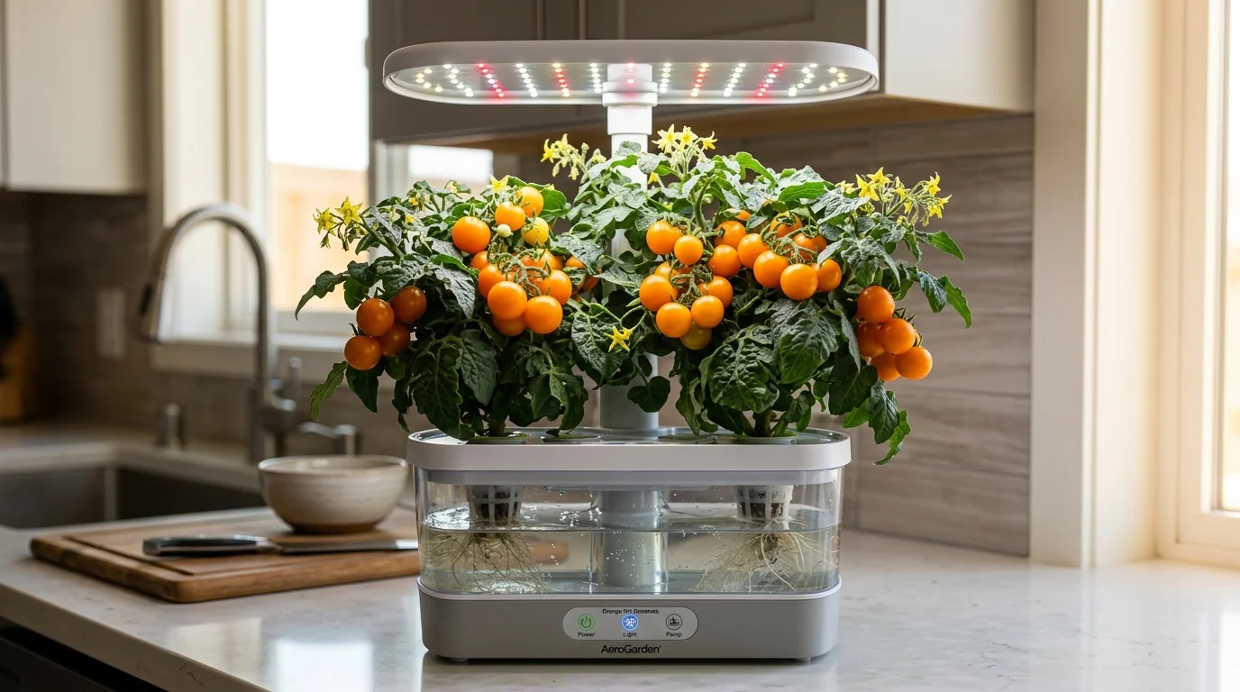 Dwarf cherry tomato plant growing indoors in a compact countertop hydroponic garden under LED grow lights
