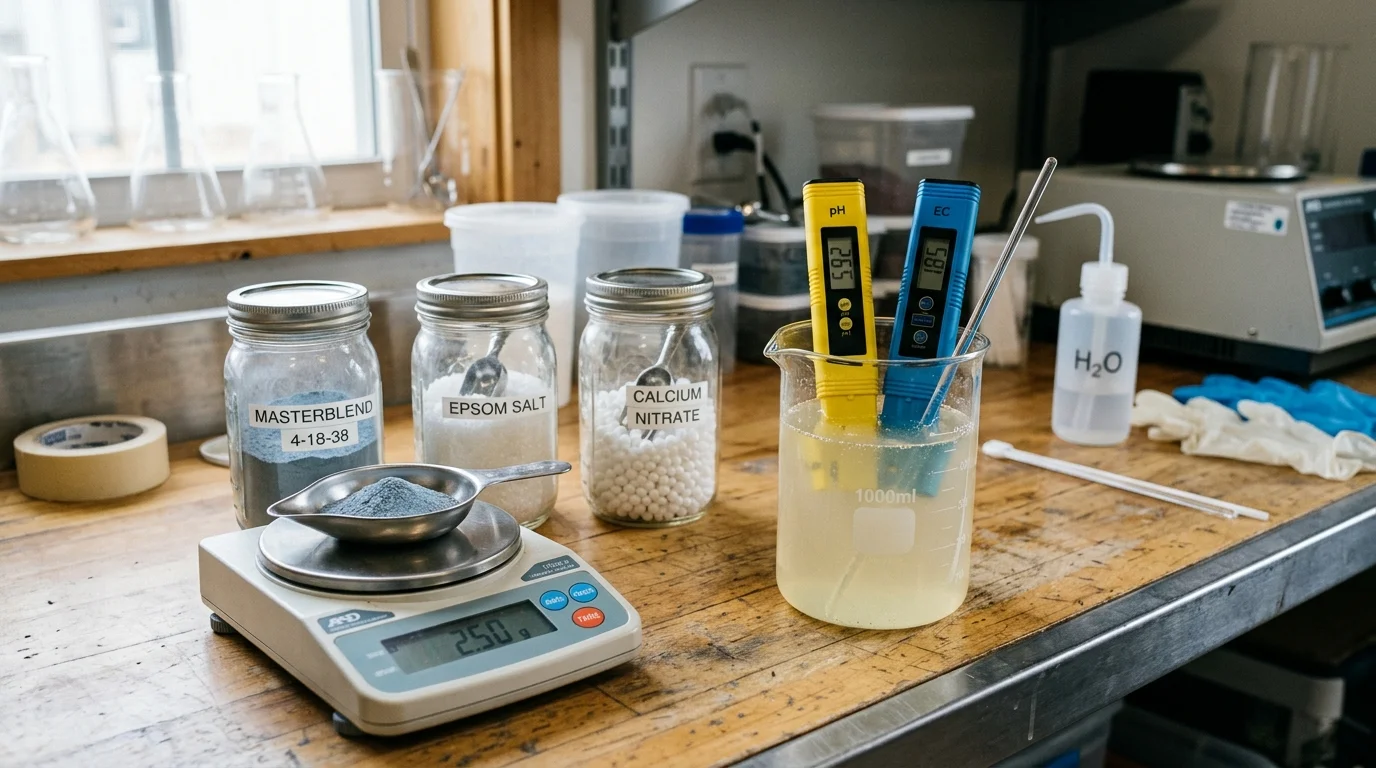 Hydroponic nutrient mixing bench with Masterblend, Cal-Mag, digital pH and EC meter pens and gram scale