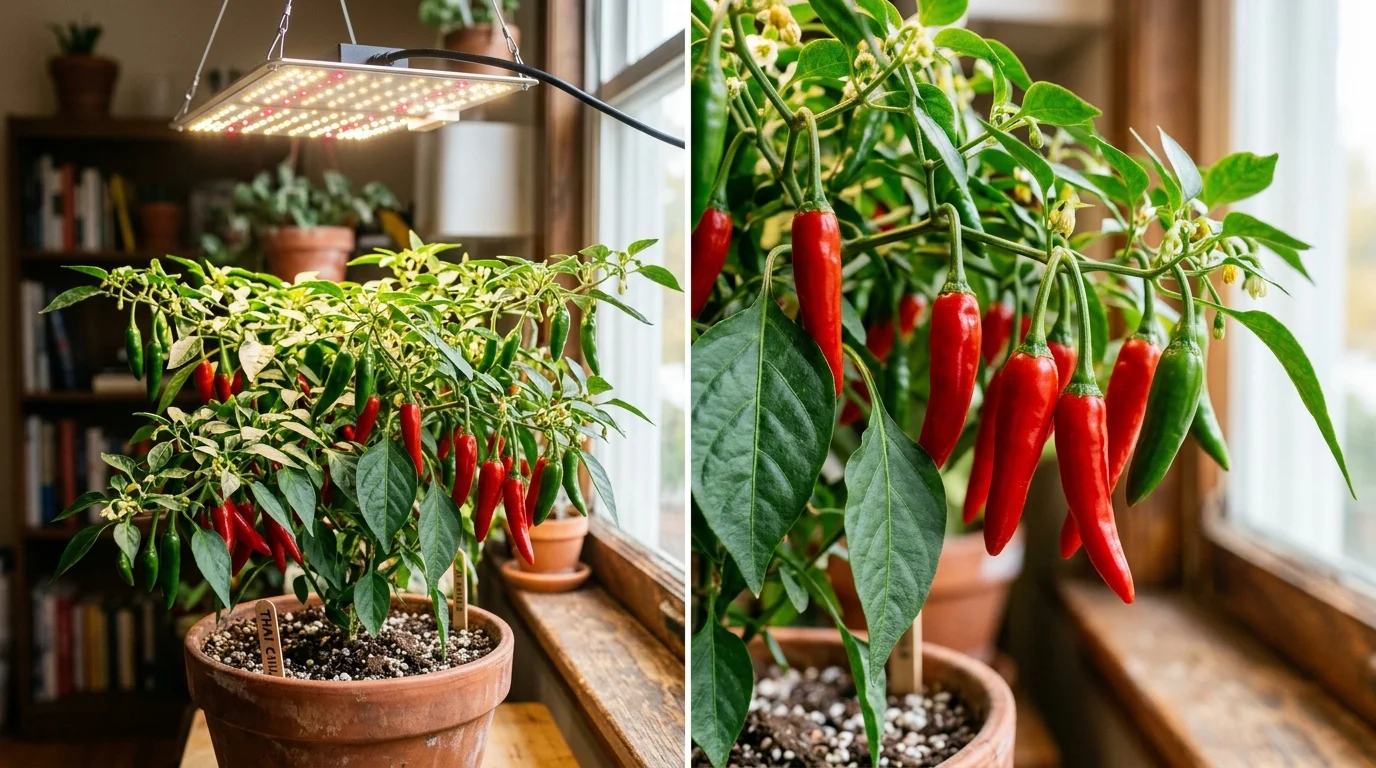 Full-spectrum LED grow light panel suspended over indoor fruiting plants on indoor workstation