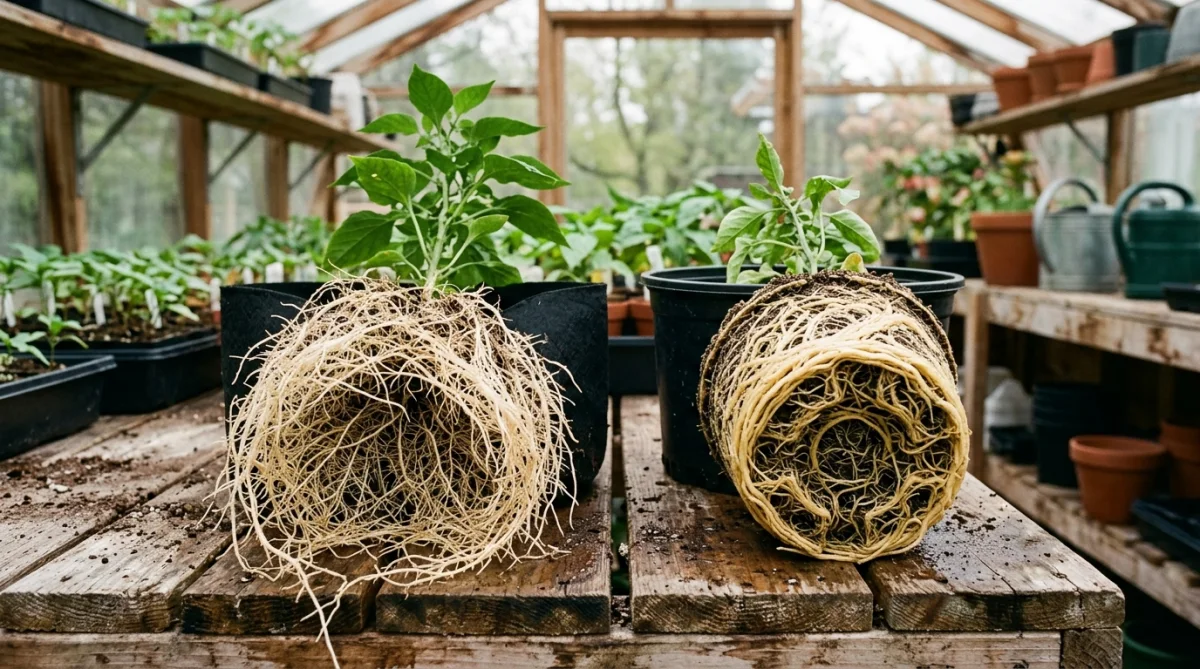 Dense fibrous air-pruned root system of indoor pepper plant grown in breathable fabric pot compared to plastic pot