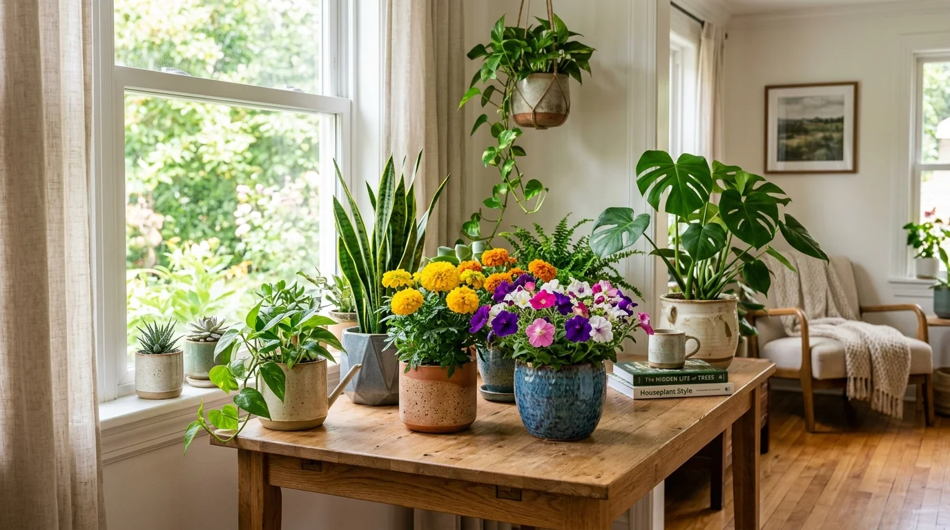 Vibrant potted marigolds, petunias, snake plants, and monstera on wooden table by sunny window