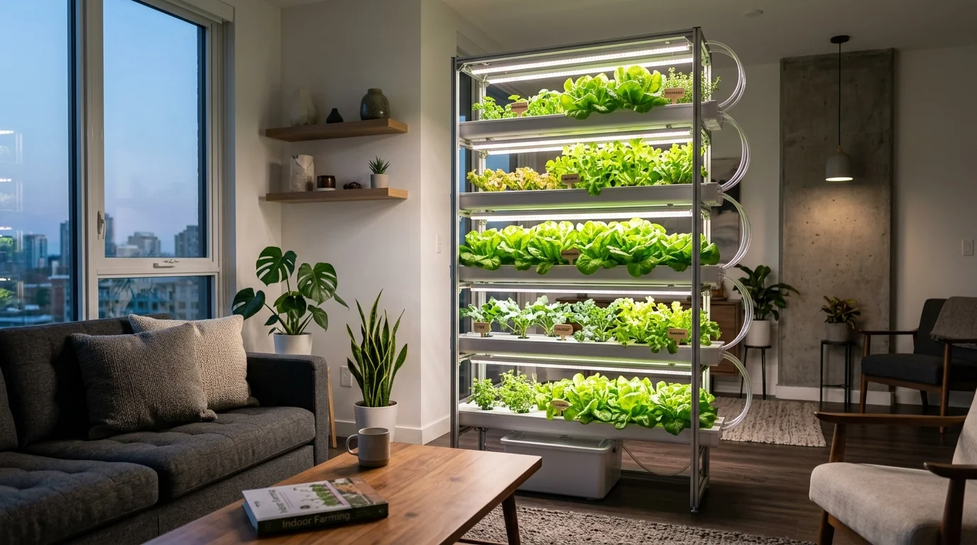 Indoor wire rack nursery station with LED fixtures and power monitoring