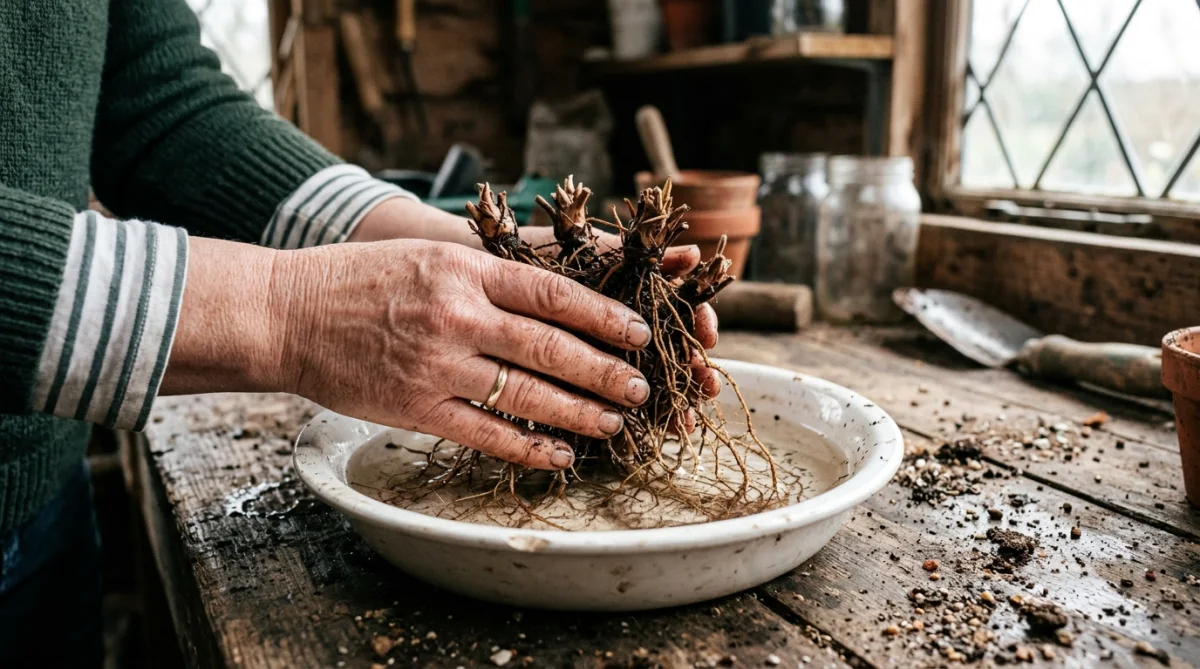 Gardener setting trimmed bare-root strawberry crown into net pot with clay hydroton pebbles at exact substrate line
