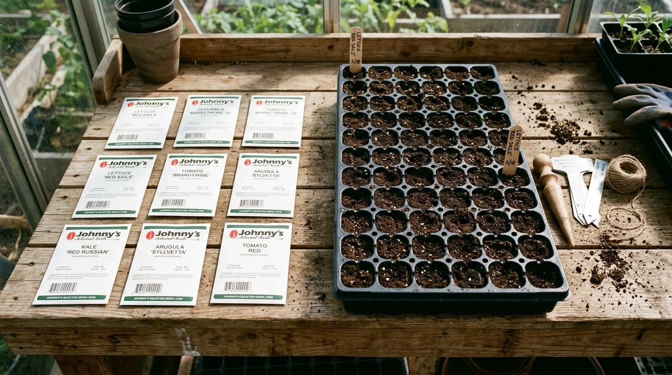 Crisp white Johnny's Selected Seeds paper packets laid on a greenhouse potting bench next to seedling plug tray