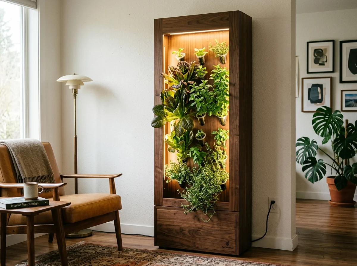 Just Vertical EVE walnut wood vertical hydroponic tower garden growing herbs and leafy greens in living room