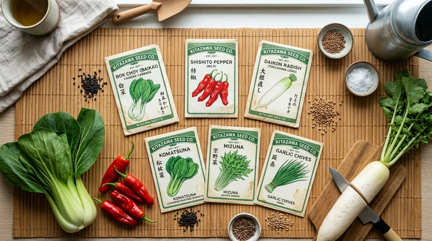 Vintage green-and-white Kitazawa Seed Company packets surrounded by crisp bok choy, daikon radish, and red shishito peppers