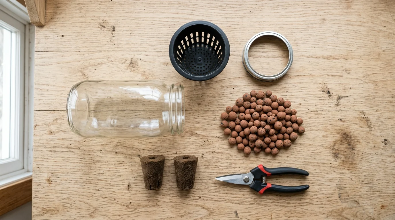 Complete hardware components kit for mason jar hydroponics including wide-mouth jar, net pot, rockwool plug, LECA clay pebbles, and shears