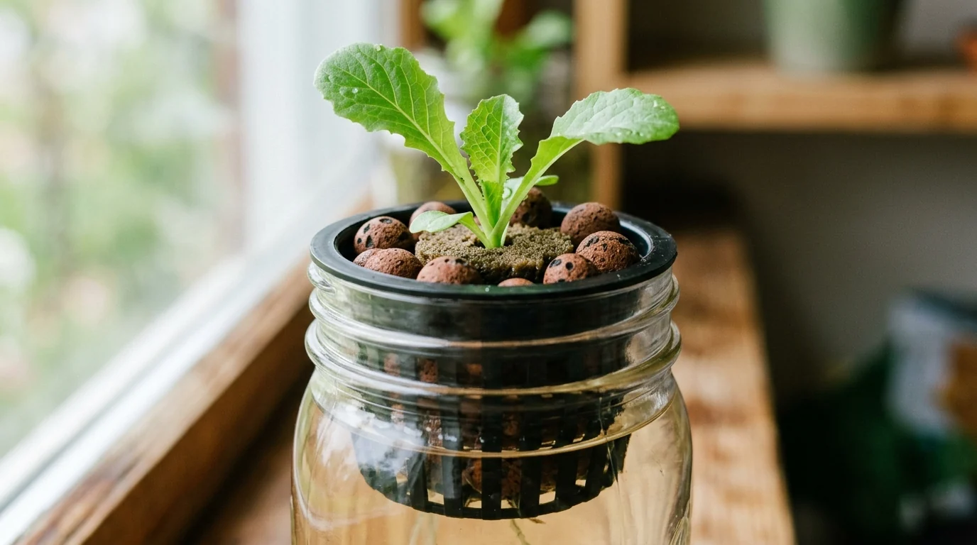Diagrammatic view of mason jar hydroponics showing nutrient water level submerging only the bottom quarter inch of the net cup