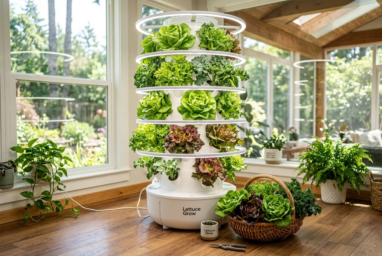 Lettuce Grow Farmstand 24 vertical hydroponic tower overflowing with butterhead lettuce, kale, and strawberries with Glow Rings