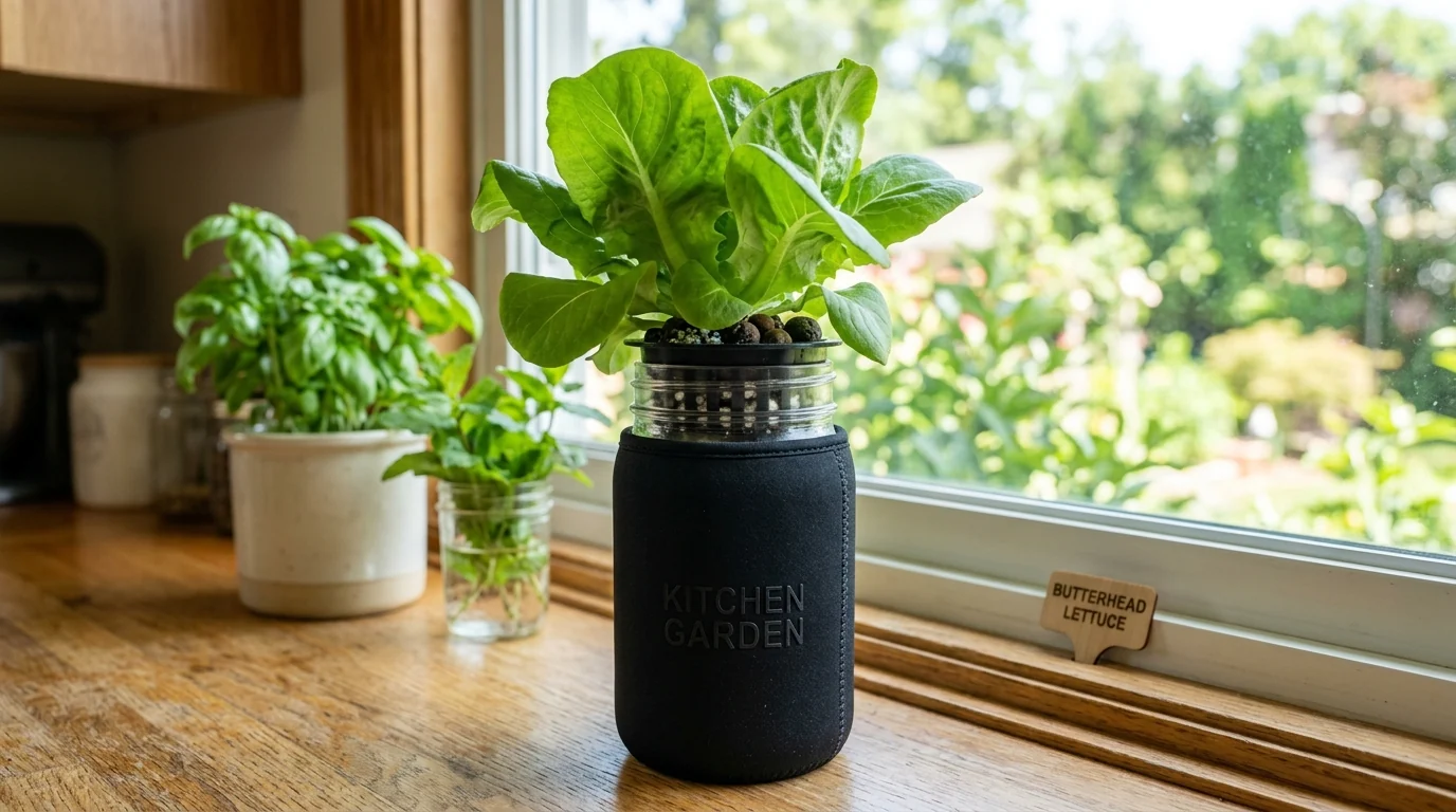 A wide-mouth mason jar fitted with an opaque matte black neoprene blackout sleeve to stop algae growth in mason jar hydroponics