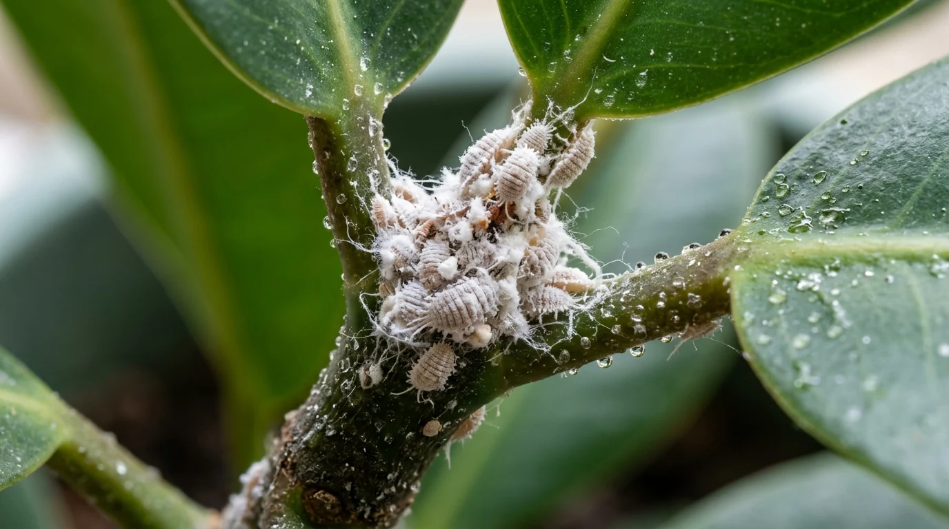 Close-up macro of white cottony mealybugs Planococcus citri clustered in houseplant stem joint with sticky honeydew secretions