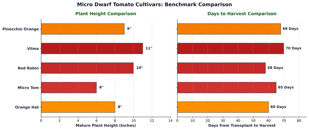 Comparison chart of micro dwarf tomato varieties showing height and days to maturity for Orange Hat, Red Robin, and Micro Tom