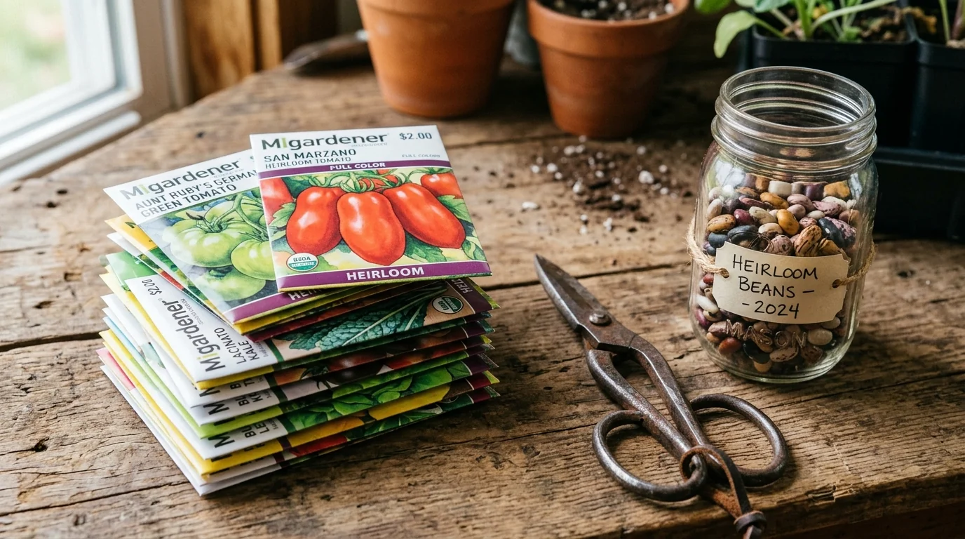 Stack of two-dollar MIgardener heirloom tomato and greens seed packets beside vintage garden shears and bean seed jar