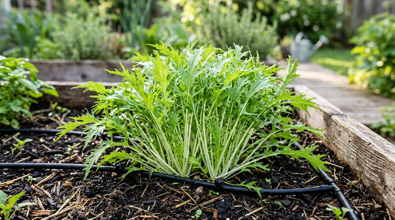 Lush clump of feathery serrated Japanese Mizuna growing in a cedar raised garden bed with drip irrigation
