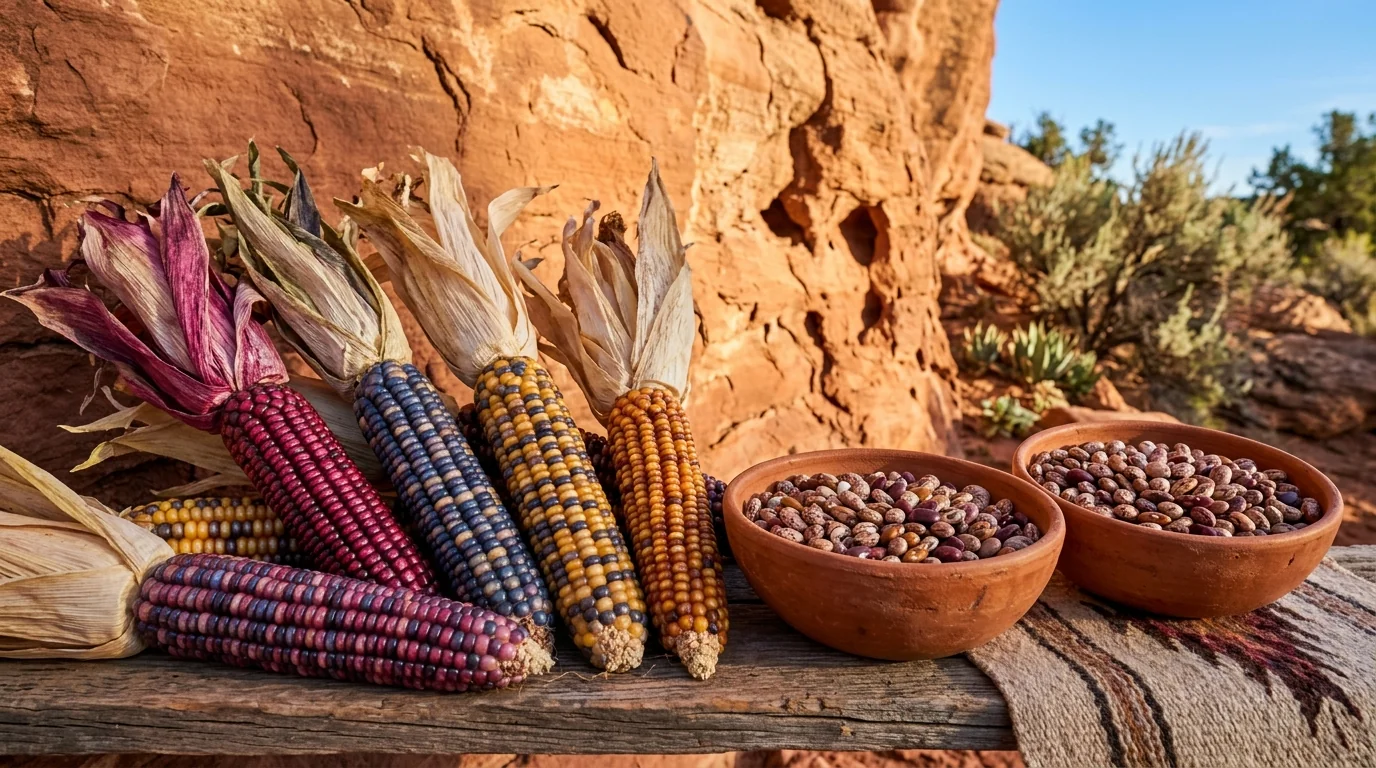 Multicolored Southwestern heirloom flint corn and spotted tepary beans from Native Seeds SEARCH on red sandstone