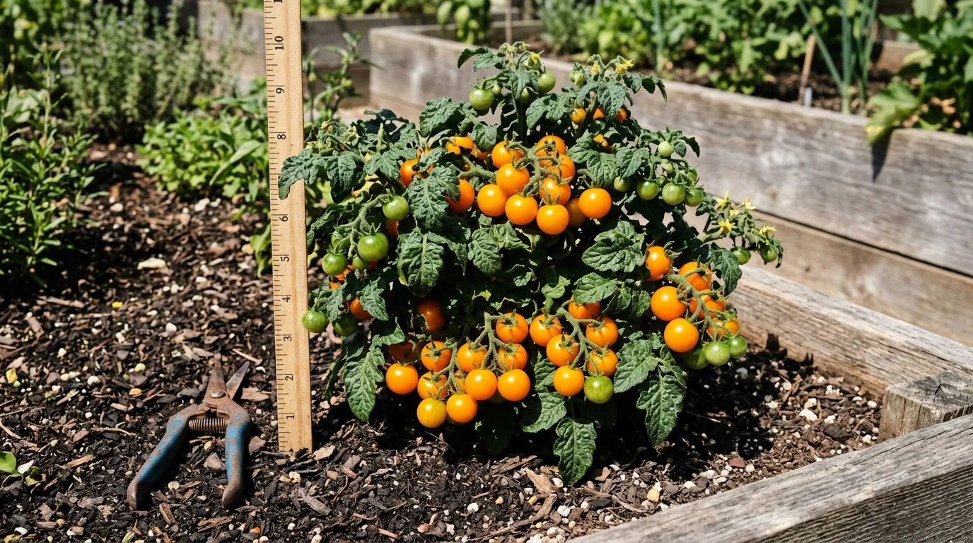 Orange Hat micro-dwarf tomato plant measuring 9 inches tall loaded with ripe orange cherry tomatoes next to garden scale