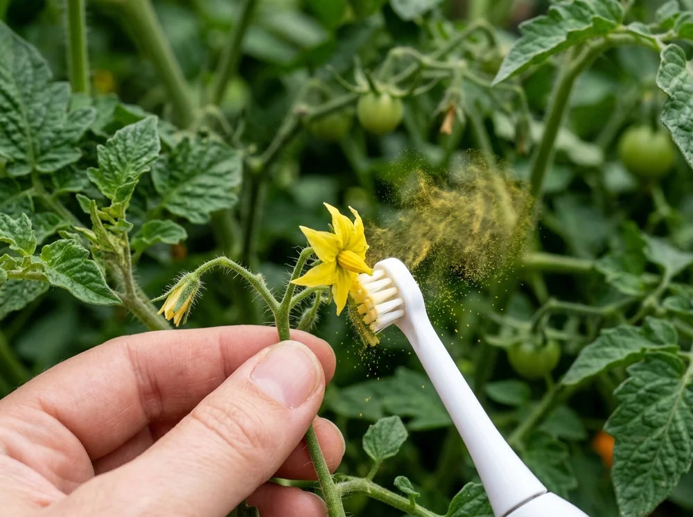 Close-up of buzzing an Orange Hat tomato flower cluster with gentle mechanical vibration to release pollen indoors